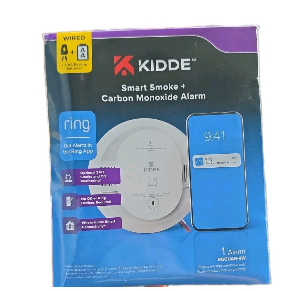 Kidde Ring Smart Smoke & CO Alarm RGCUAR-RW Hardwired WiFi App Alerts 2AA Backup